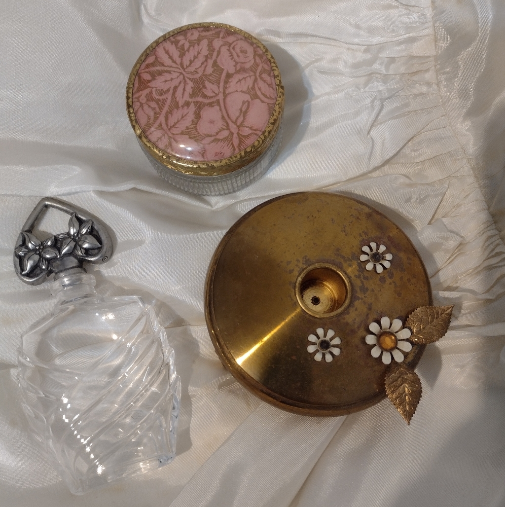 Crystal perfume bottle France, vintage lipstick holder, vanity jar